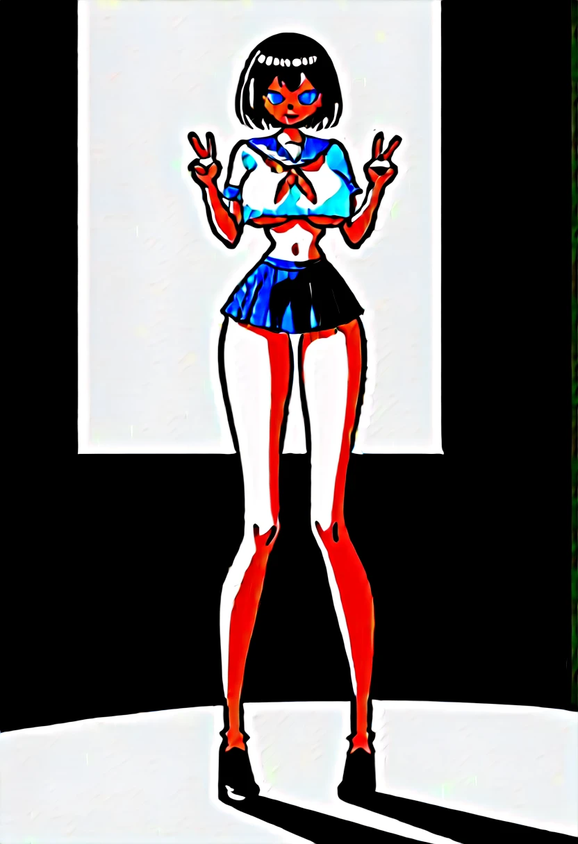 (masterpiece, best quality:1.2), front shot, beautiful 1girl, (micro waist, very long legs:1.4), (super big breasts:1.2), Black hair, short bob hair, short height, scrawny and thin body, Light Skin, cute big eyes, cute beautiful thin face, forced smile, serafuku, mini skirt, pigeon-toed, wet and sweaty, visible ribs, Long and thin navel, V sign, Trembling, her breasts fondled by ugly man