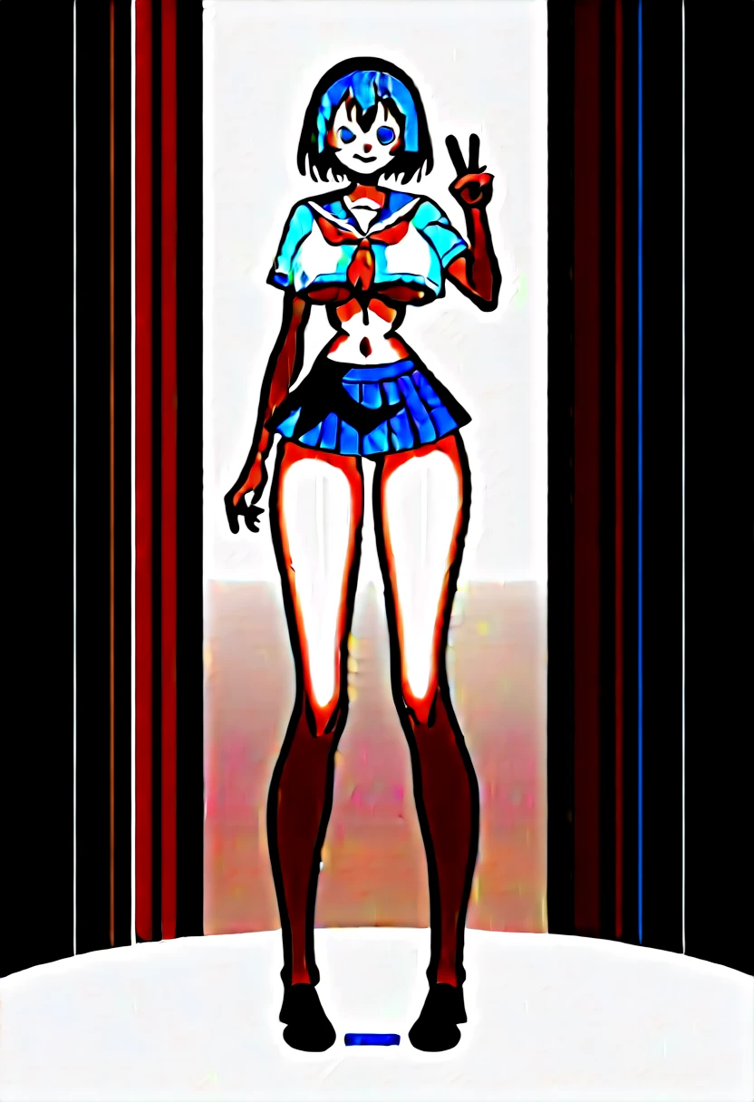 (masterpiece, best quality:1.2), front shot, beautiful thin 1girl, (super big breasts, micro waist, very long legs:1.5), (Extremely skinny), Black hair, short bob hair, short height, scrawny and thin body, Light Skin, cute big eyes, cute beautiful thin face, forced smile, serafuku, mini skirt, Arched back, pigeon-toed, Embarrassing pose, Long and thin navel, (beautiful visible ribs:1.2), wet and sweaty, Trembling