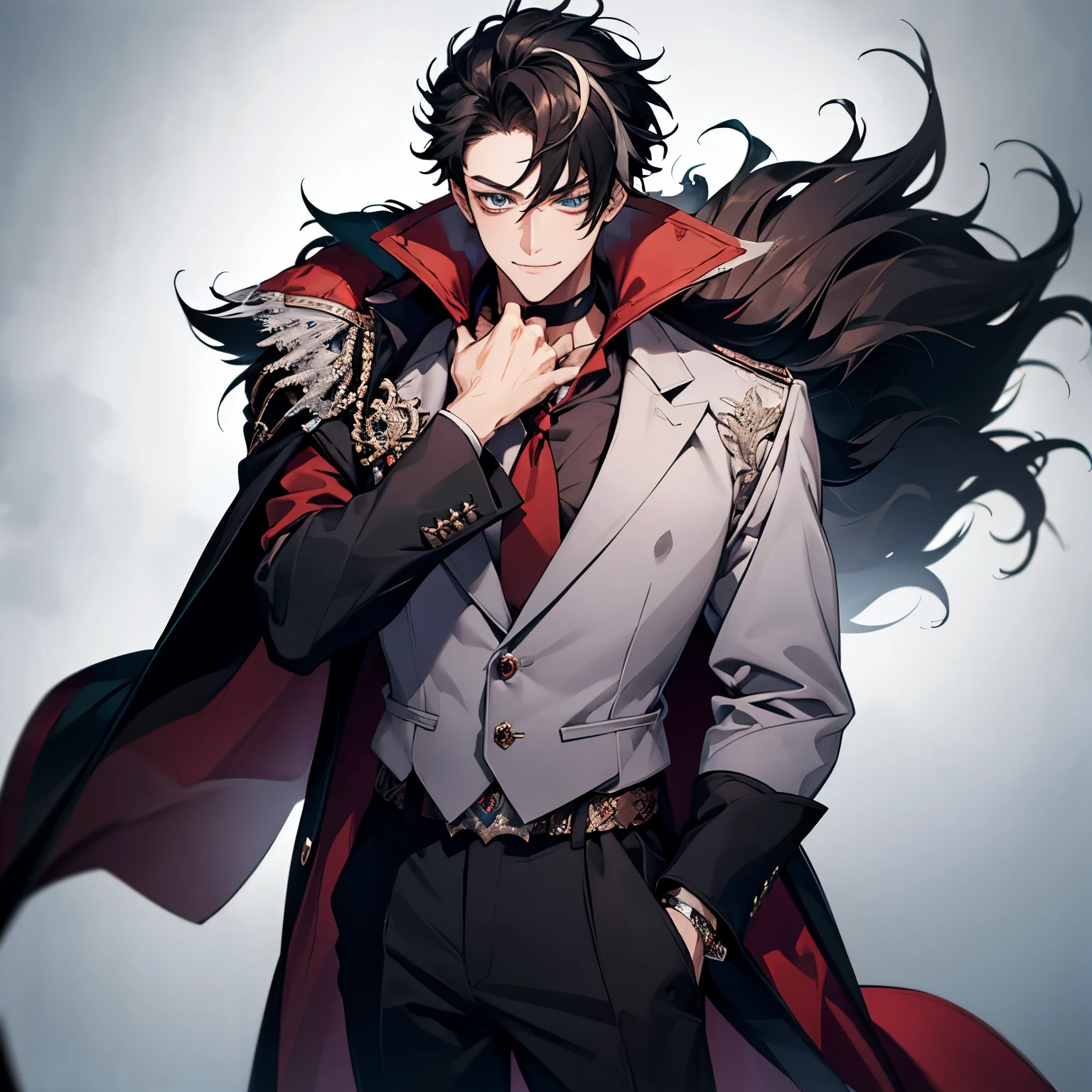 masterpiece, best quality, 1boy, wriothesley, black hair, multicolored hair, short hair, blue eyes, collared shirt, red necktie, jewelry, choker, black fur-trimmed coat on shoulders, sleeves rolled up, upper body, smile, fangs, cowboy shot, hand on waist, full body