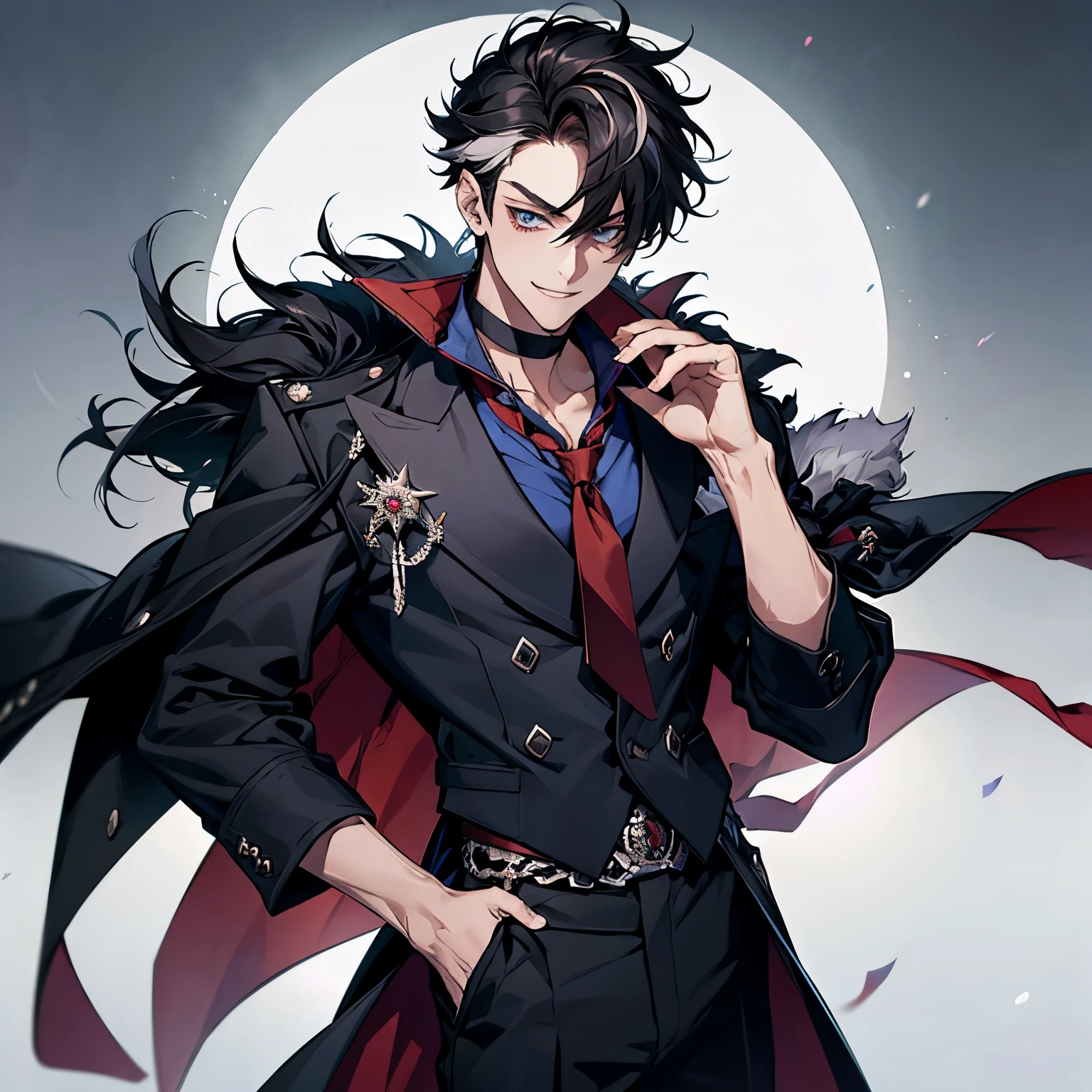 masterpiece, best quality, 1boy, wriothesley, black hair, multicolored hair, short hair, blue eyes, collared shirt, red necktie, jewelry, choker, black fur-trimmed coat on shoulders, sleeves rolled up, upper body, smile, fangs, cowboy shot, hand on waist, full body