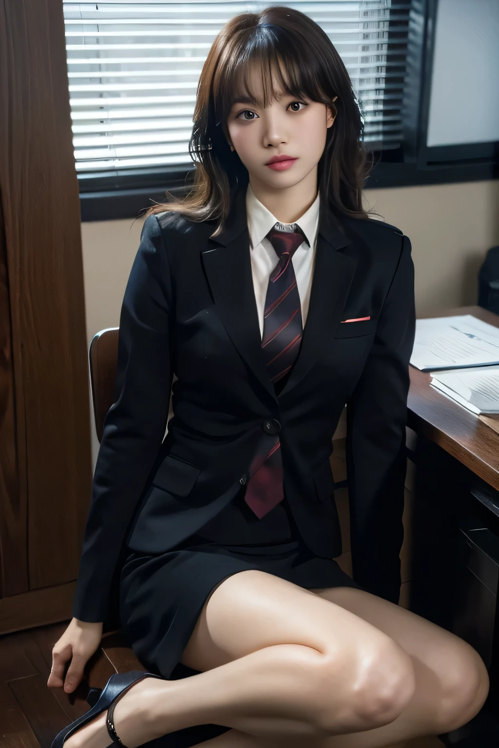 Best quality, masterpiece, ultra high res, (photorealistic:1.4), raw photo, 1girl, cinematic lighting, office, suit, necktie, uniform, sitting on desk