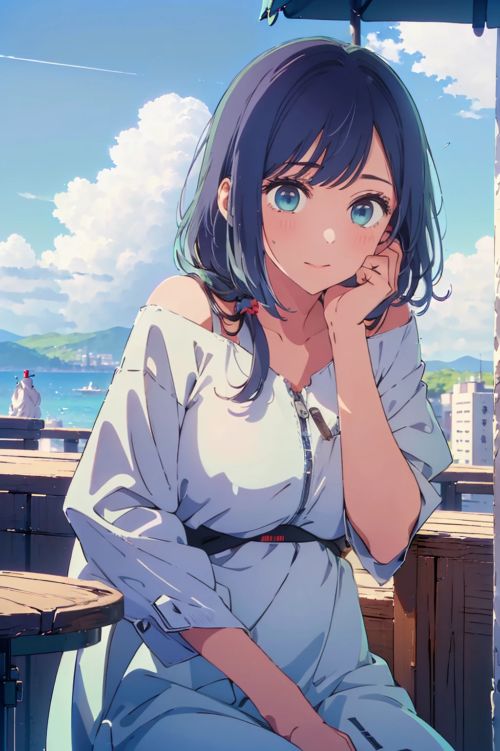(Highest quality:1.4、8K:1.4、detailed)、F cup bust、Big Breasts、Slim body、Very white beautiful skin、((((1 person、Surprised expression、sit、Chair、In the background are the urban buildings of Tokyo、looking at the camera、Outdoor café terrace、Navy hair color、juice、Shooting up close、Shooting from the side、table、Very cute face))))、((((nude、Areola))))、(Pose with hands tucked behind ears:1.4、Cheek resting on hand:1.4)、(Off-the-shoulder blouson、Black blouson with zipper)、Very blue sky、A completely cloudless sky