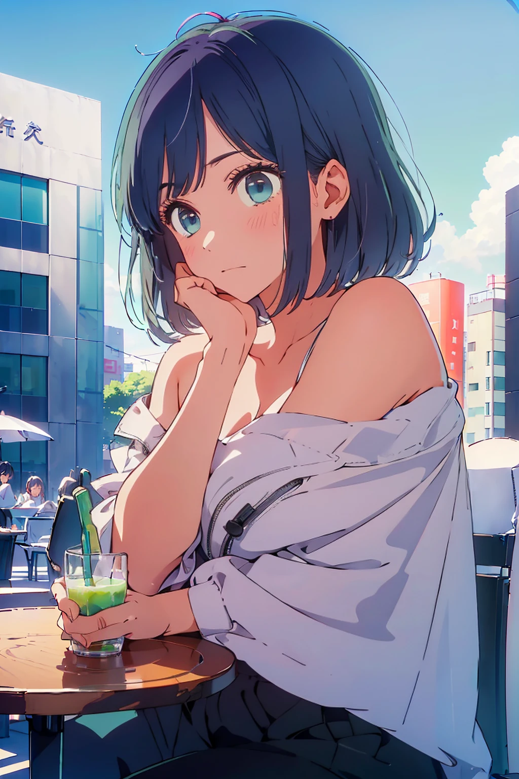 (Highest quality:1.4、8K:1.4、detailed)、F cup bust、Big Breasts、Slim body、Very white beautiful skin、((((1 person、Surprised expression、sit、Chair、In the background are the urban buildings of Tokyo、looking at the camera、Outdoor café terrace、Navy hair color、juice、Shooting up close、Shooting from the side、table、Very cute face))))、((((nude、Areola))))、(Pose with hands tucked behind ears:1.4、Cheek resting on hand:1.4)、(Off-the-shoulder blouson、Black blouson with zipper)、Very blue sky、A completely cloudless sky
