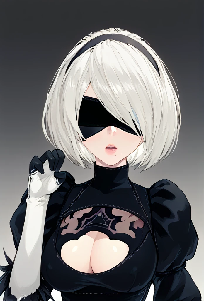 yorha 2B, Nier automata, (black visor, yorha visor), mature woman, white hair, mature body, looking up at viewer, front view, kabedon pose