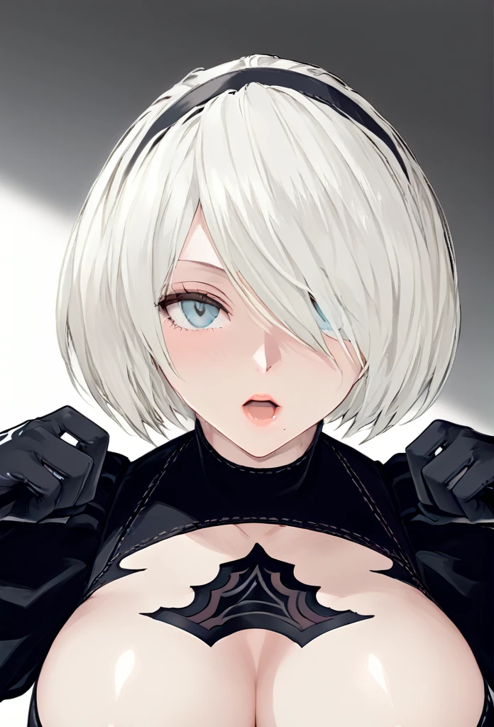 yorha 2B, Nier automata, (black visor, yorha visor), mature woman, white hair, mature body, looking up at viewer, front view, kabedon pose