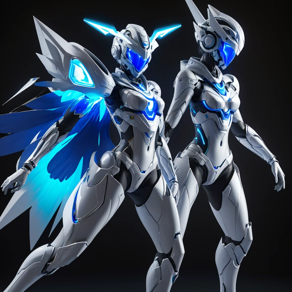 Dronificated unknown girl (10 years old) in a fully enclosed white latex fullbody suit with blue lights across the suit and star shaped glowing core in the chest, fully enclosed cyber helmet that cover her whole face and hides her identity with a blue screen that has a white star, flat chest, narrow waist, open Mechanical wings, underwater, no face, no hair, no mouth, no eyes, (perfect anatomy)