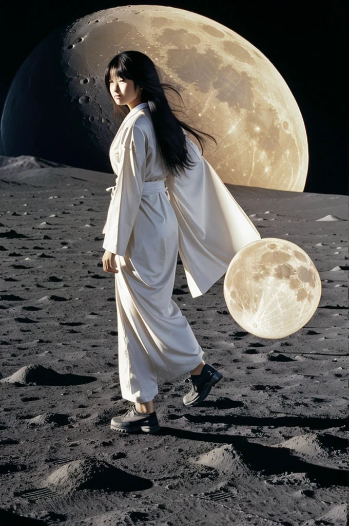 Image of a Japanese woman with very sexy long hair walking on the moon