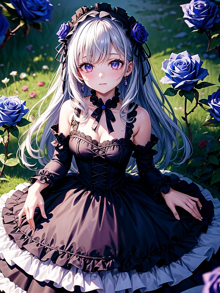 Highest quality,Highest Resolution,A girl in a dress surrounded by roses,Gothic ta,Blue Rose,Purple Rose,