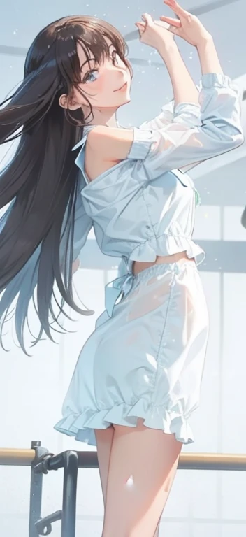 1girl, solo, tennis wear, white polo shirt, white sneakers, white miniskirt, masterpiece, best quality, realistic, hyper-detailed, slender, (shiny skin, sweaty:1.4), absurd, looking at viewer, short twintail, black hair, brown eyes, dynamic lighting, high resolution, sharp focus, depth of field, detailed eyes, sharp pupils, realistic pupils, (small breasts:1.3), (thick thighs:1.1), outdoor, sky