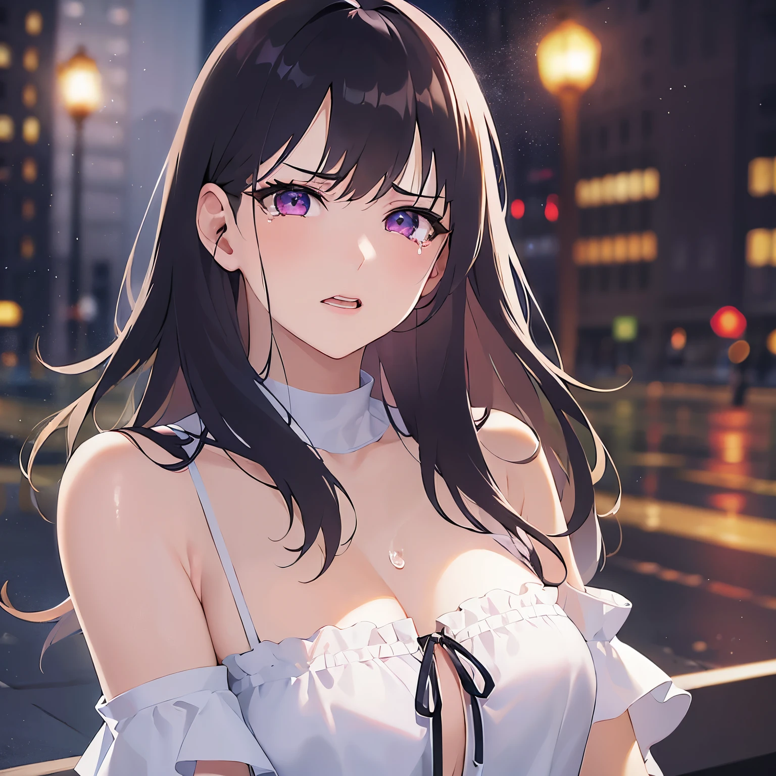 Detailed CG,Ultra-fine illustrations,masterpiece,Highest quality,Upper Body,Realistic,real person,(Pale skin:1.2),Shiny skin,Shiny Hair,(A 26-year-old woman with straight hair and bangs)and(Medium Hair)and(Black Hair)and(Purple eyes),BREAK(white off shoulder blouse:1.5)BREAK,(angry:1.4),(tears:1.3),Background is a park at night,Alone,(Placing hand on chest:1.5),(Biologically correct５Finger)