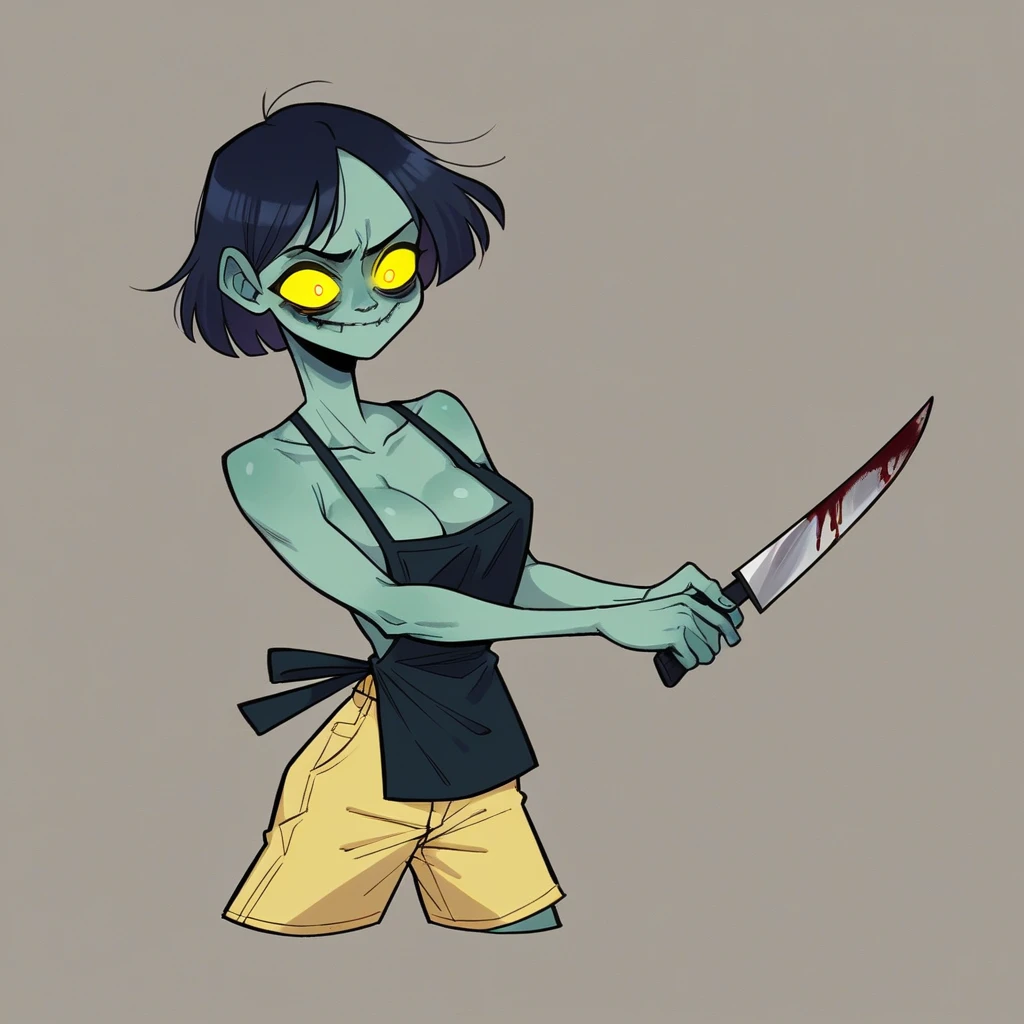 (masterpiece:1.3) 1girl, , (female serial killer:1.5) (skinny with an ugly face:1.3) working at Walmart, wearing an apron with topless under the apron, wide eyes, blood stains on clothes, short khaki shorts, big evil smile, (holding a knife:1.3), horror Walmart background, florescent grocery store lighting, deep shadows , extreme details, , complimentary lighting colors, deep skin, , brightly colored composition, "constricted pupils, small pupils, yellow glowing eyes", Slender Girl, OL, JK, purple bags_under_eyes, ( downblouse, BarbaraEvenot, Bags und