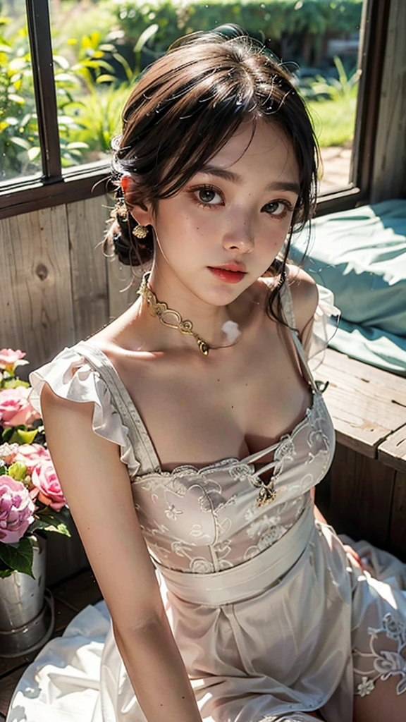 (masterpiece), best quality, high resolution, ultra-detailed, character close-up, a Chinese style white beautiful dress, Chinese elegant dress, exquisite details, cheongsam beautiful and elegant, colorful and lustrous, dress floating, dramatic angle, close natural (close-up), koi, warm colors like sunlight focus Personal warm, champagne, details are highlighted, extra long ribbon, Open, full body, many detailed elements, pink petals, sunlight on the skin, glorious, hairpins, hydrangeas, boudoirs.