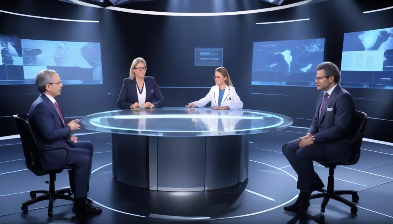 An elegant television studio with modern, futuristic decor, filled with soft lights and a sophisticated atmosphere. In the center of the stage, there is a large round table made of transparent glass, where four professionals are sitting. The presenter is standing next to the table, wearing an elegant suit, with a welcoming smile on his face and a microphone in hand. At the table, three experts in their respective fields sit: Dr. Miguel, a doctor with a white coat and a stethoscope around his neck; an engineer in a dark suit with a tablet in hand; and a scientist with a lab coat and goggles perched on her head. Beside them is Professor Charlotte Miller, a middle-aged woman with well-groomed gray hair, wearing an elegant skirt and blazer set, cutting a respectable and calm figure. The studio background displays high-tech screens showing graphics and images related to nanotechnology, creating an atmosphere of innovation and progress. The facial expressions of those present reflect concentration and interest, while the presenter, with an inviting gesture, directs the first question to Dr. Miguel. The studio audience, partially visible in the shadows, watches intently.
