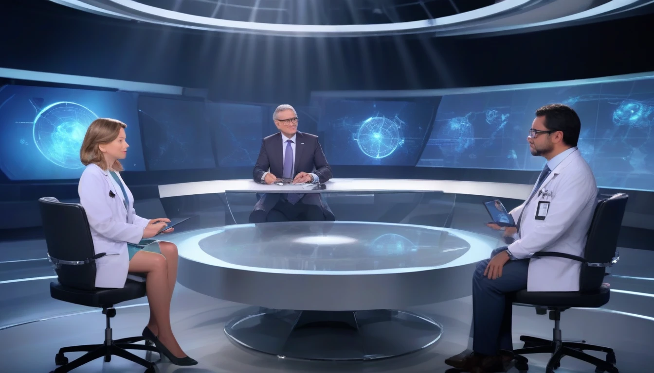 An elegant television studio with modern, futuristic decor, filled with soft lights and a sophisticated atmosphere. In the center of the stage, there is a large round table made of transparent glass, where four professionals are sitting. The presenter is standing next to the table, wearing an elegant suit, with a welcoming smile on his face and a microphone in hand. At the table, three experts in their respective fields sit: Dr. Miguel, a doctor with a white coat and a stethoscope around his neck; an engineer in a dark suit with a tablet in hand; and a scientist with a lab coat and goggles perched on her head. Beside them is Professor Charlotte Miller, a middle-aged woman with well-groomed gray hair, wearing an elegant skirt and blazer set, cutting a respectable and calm figure. The studio background displays high-tech screens showing graphics and images related to nanotechnology, creating an atmosphere of innovation and progress. The facial expressions of those present reflect concentration and interest, while the presenter, with an inviting gesture, directs the first question to Dr. Miguel. The studio audience, partially visible in the shadows, watches intently.