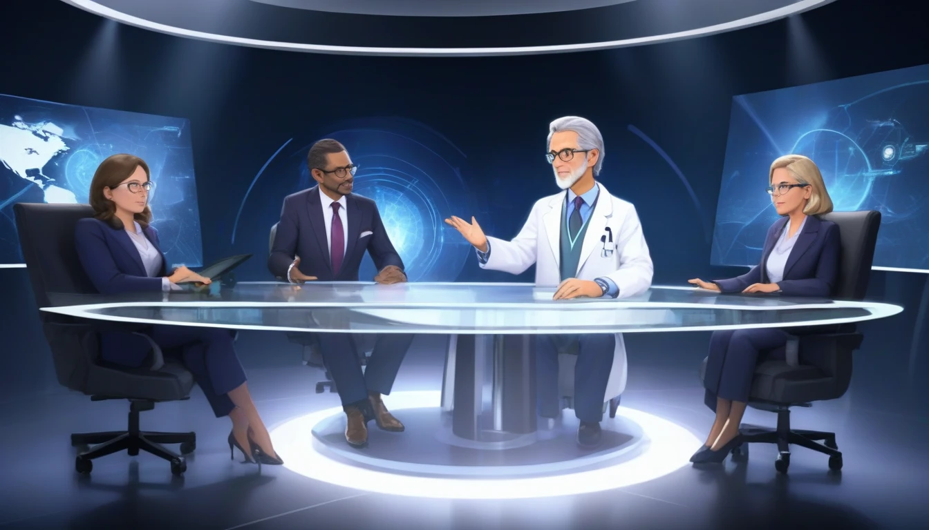 An elegant television studio with modern, futuristic decor, filled with soft lights and a sophisticated atmosphere. In the center of the stage, there is a large round table made of transparent glass, where four professionals are sitting. The presenter is standing next to the table, wearing an elegant suit, with a welcoming smile on his face and a microphone in hand. At the table, three experts in their respective fields sit: Dr. Miguel, a doctor with a white coat and a stethoscope around his neck; an engineer in a dark suit with a tablet in hand; and a scientist with a lab coat and goggles perched on her head. Beside them is Professor Charlotte Miller, a middle-aged woman with well-groomed gray hair, wearing an elegant skirt and blazer set, cutting a respectable and calm figure. The studio background displays high-tech screens showing graphics and images related to nanotechnology, creating an atmosphere of innovation and progress. The facial expressions of those present reflect concentration and interest, while the presenter, with an inviting gesture, directs the first question to Dr. Miguel. The studio audience, partially visible in the shadows, watches intently.
