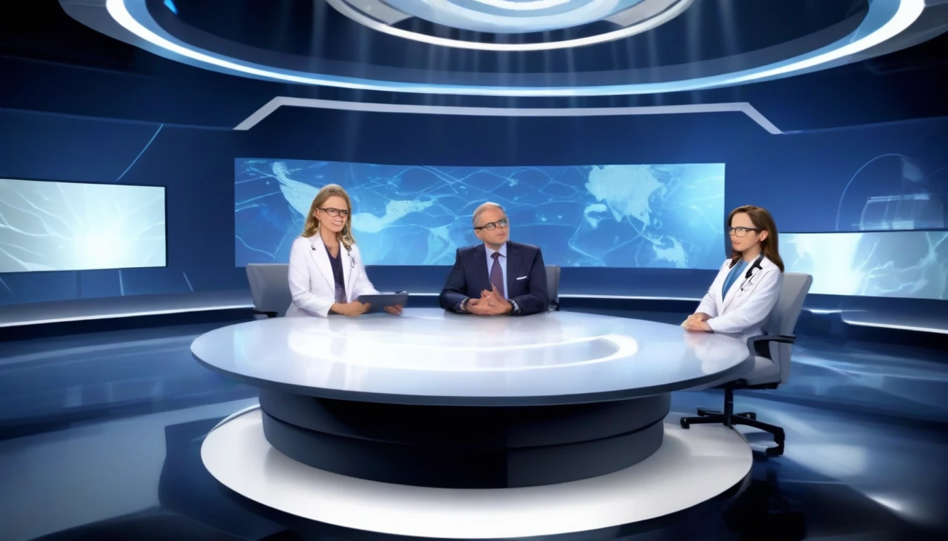 An elegant television studio with modern, futuristic decor, filled with soft lights and a sophisticated atmosphere. In the center of the stage, there is a large round table made of transparent glass, where four professionals are sitting. The presenter is standing next to the table, wearing an elegant suit, with a welcoming smile on his face and a microphone in hand. At the table, three experts in their respective fields sit: Dr. Miguel, a doctor with a white coat and a stethoscope around his neck; an engineer in a dark suit with a tablet in hand; and a scientist with a lab coat and goggles perched on her head. Beside them is Professor Charlotte Miller, a middle-aged woman with well-groomed gray hair, wearing an elegant skirt and blazer set, cutting a respectable and calm figure. The studio background displays high-tech screens showing graphics and images related to nanotechnology, creating an atmosphere of innovation and progress. The facial expressions of those present reflect concentration and interest, while the presenter, with an inviting gesture, directs the first question to Dr. Miguel. The studio audience, partially visible in the shadows, watches intently.

