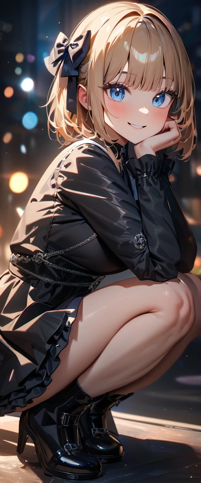 (((One girl))), Shibuya, streat, blond hair, bob cut, (looking at viewer), (((full body))), squatting, head rest, breasts, teenager, head tilt:1.3, (((blue eye))), constricted pupils, (from side:1.3), ((happy smile)), (((gothic lolita:1.3))), short dress, bare legs, hair ornament, hair ribbon, anime style, (best quality, 4k, 8k, highres, masterpiece:1.2, ultra-detailed, ultra-detailed eyes, HDR, UHD, studio lighting, ultra-fine painting, sharp focus, physically-based rendering, extreme detail description, professional, vivid colors, bokeh)