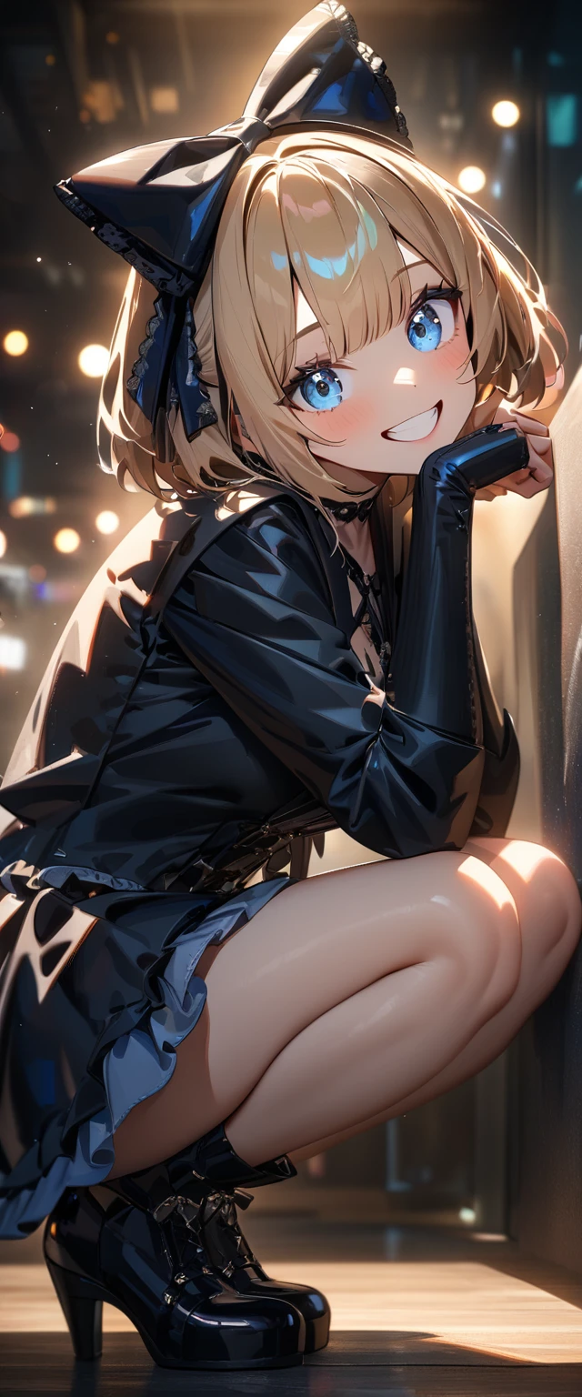 8K 4K Beautiful images masterpiece Super high quality wallpaper beautiful girl Beautiful blonde girl I'm squatting down in the street and my panties are showing. boots mini skirt big breasts smile blush cute super beautiful ultra high resolution Sweat one person 1 girl solo night gal JK neon street