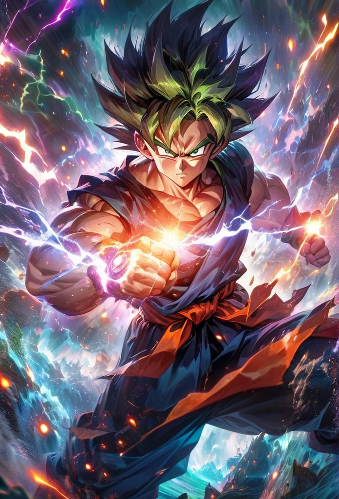 Symetrical,absurdres, highres, ultra detailed, HDR, masterpiece, extremely detailed face and eyes, Goku ,,,  , solo, man, handsome, ,, , Epic fight scene, purple green water effect, purple and green lightning effect,glowing glitters