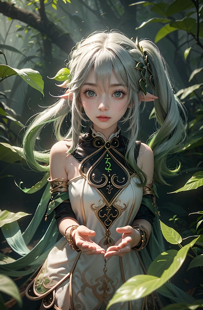 7 year old girl, ultra realistic, high res, highly detail, masterpiece, best quality, looking at viewer, Nahida of Genshin Impact, leaf bending, leaf VFX, head to chest shot, trees, big leaves, nahida Illusory Heart domain, leafMagicAI, big greenlight, white hair, side ponytail