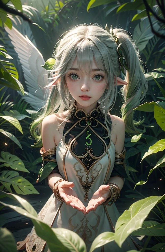 7 year old girl, ultra realistic, high res, highly detail, masterpiece, best quality, looking at viewer, Nahida of Genshin Impact, leaf bending, leaf VFX, head to chest shot, trees, big leaves, nahida Illusory Heart domain, leafMagicAI, big greenlight, white hair, side ponytail