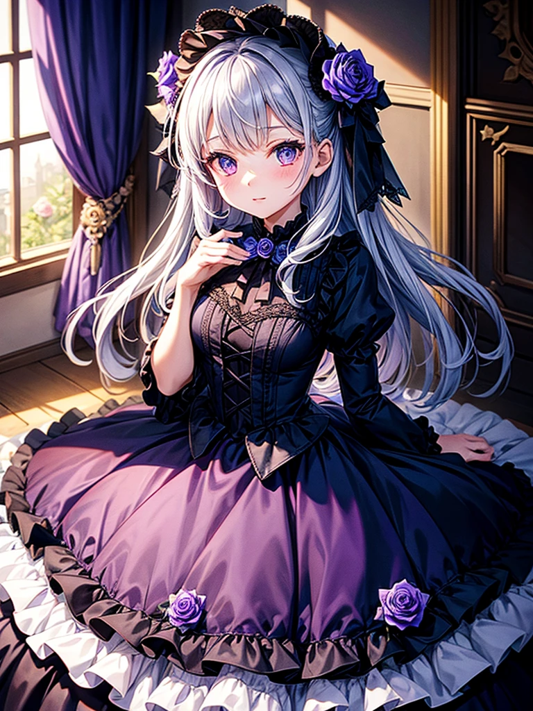 Highest quality,Highest Resolution,A girl in a dress surrounded by roses,Gothic Lolita,Blue Rose,Purple Rose,