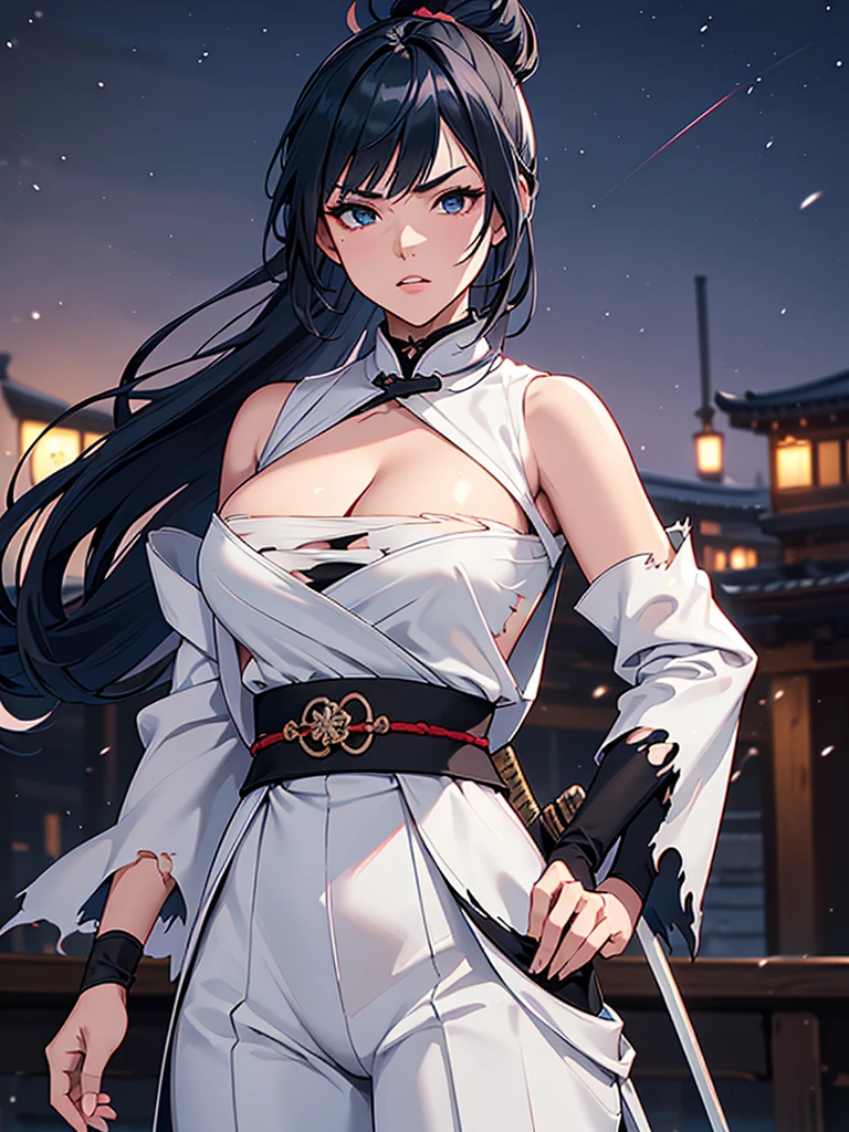 a female samurai, beautiful detailed eyes, beautiful detailed lips, extremely detailed face, long eyelashes,hyper realistic lighting,(super detailed:1.3),((best quality:1.2)),((masterpiece:1.2)),female focus,lonely beauty,(nighttime:1.6),(standing in a medieval europe castletown),cowboy shot,cleavage,((white chest sarashi:1.125)),topknot,muted dark blue hair,(white samurai coat),(black samurai pants:1.3),(angry:1.05),(wearing one sleeve),(torn sleeve:1.4),(katana sword on hip:1.06),(torn clothing:1.125)