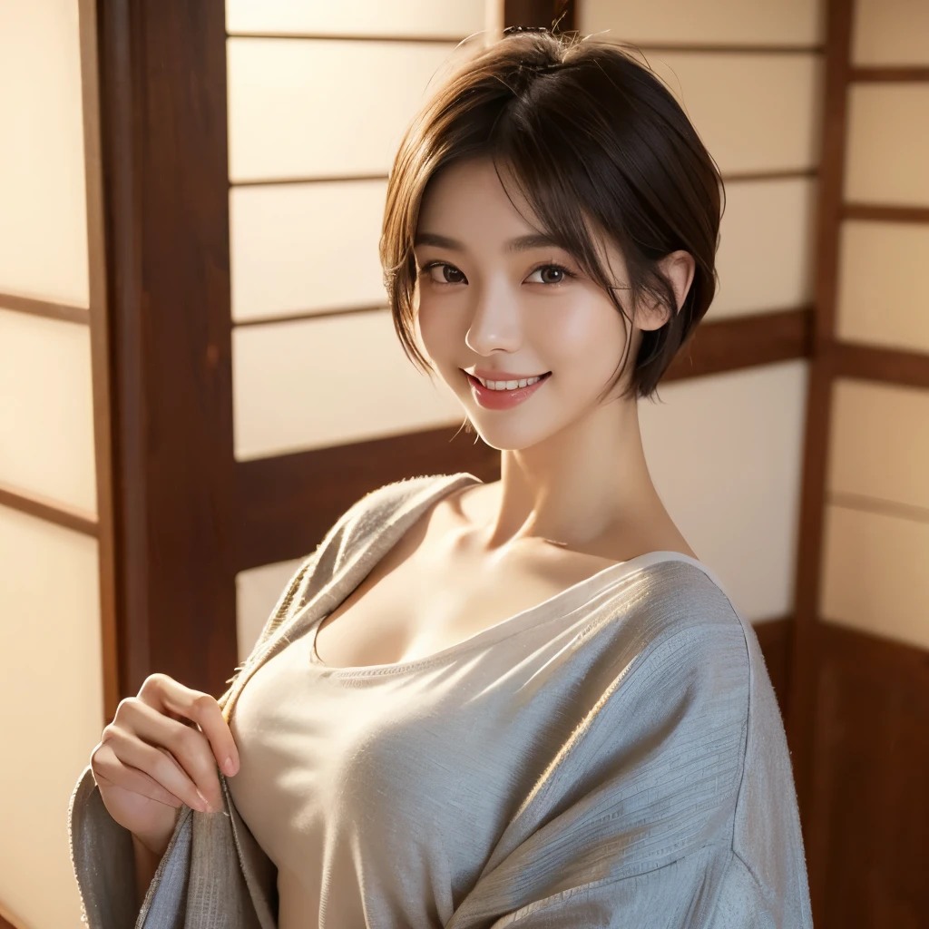 (Best Quality,16k,A high resolution,Masterpiece:1.2),ultra detailed,(beautiful japanese girl:1.3),big breasts:1.4,Short midi hair cut with light brown highlights, (realist,photorealistic,photorealistic:1.37),Korean fashion beauty,Japanese and Korean beauties,beautiful and innocent,detailed eyes and face,beautiful detailed lips,long eyelashes,natural eyebrows,Slimming,Fashion, big toothy smile, (beautiful,charming:1.1), vivid colors, fading lights,Clothing and accessories with casual style,at home
