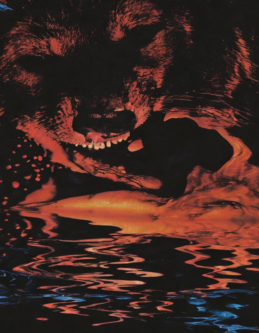 long view of red fire on lake at night, blue background