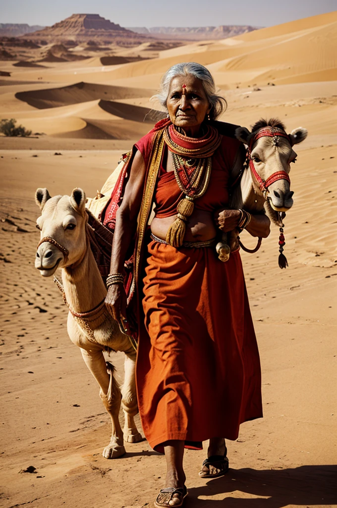 Indian An old woman is carrying a chilli camel through the desert.