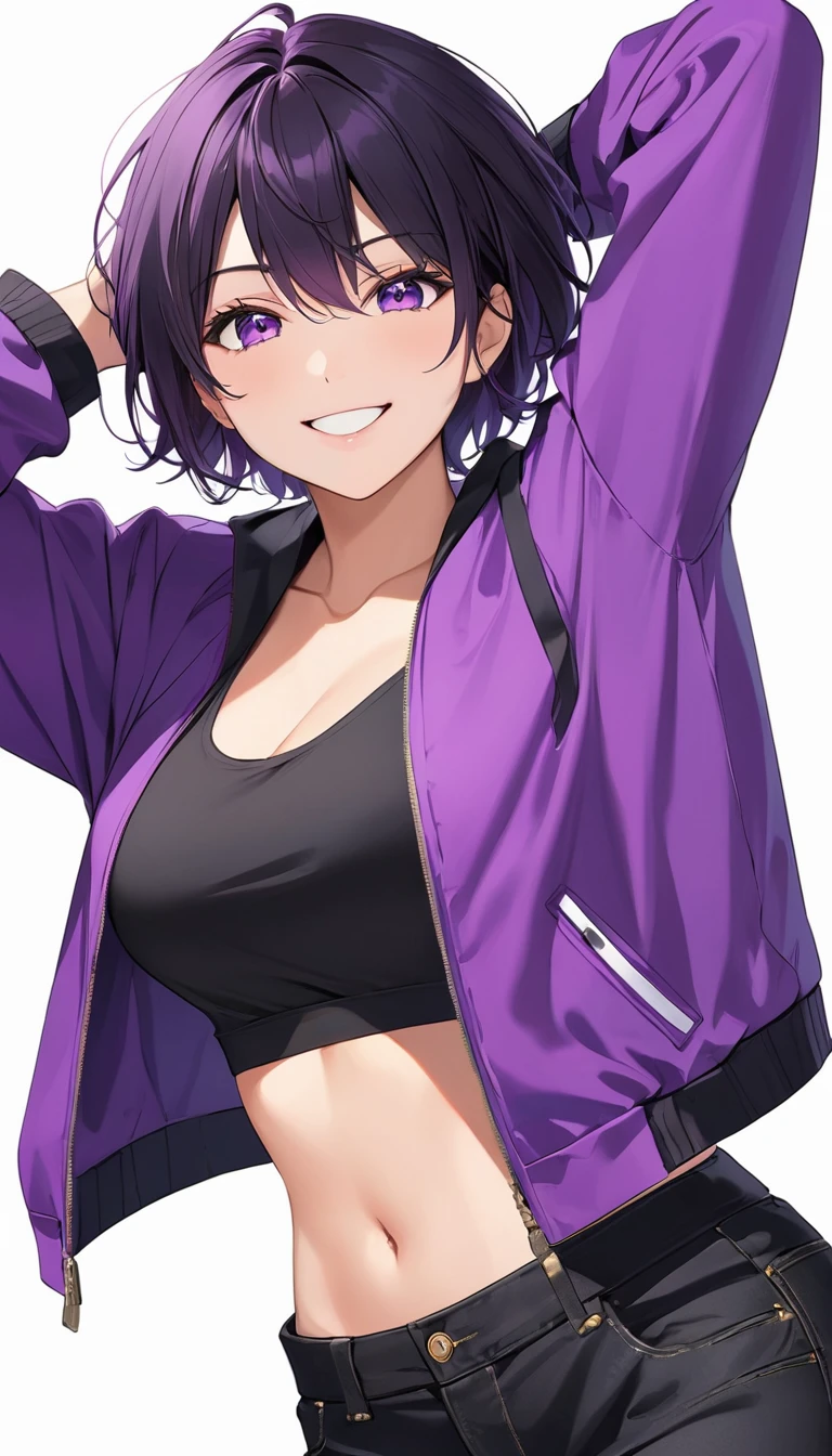 High-resolution anime digital art, Masterpiece, upper full body, tomboy, mature, sexy, smart, hair color black, short pitch black hair, real detail eyes pupil purple, Crop Top black, Long black jeans, Purple jacket, Smiling, dynamic Pose. (simple background, white background)