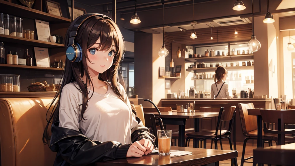 Girl with headphones enjoying music in a cafe I am studying Emphasize a little bit of the chest
