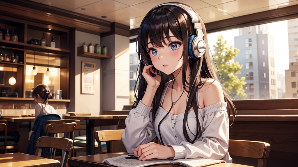 Girl with headphones enjoying music in a cafe I am studying Emphasize a little bit of the chest