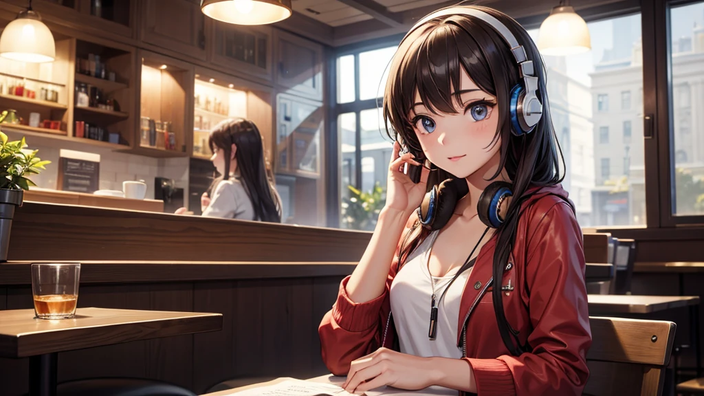 Girl with headphones enjoying music in a cafe　I am studying　Emphasize a little bit of the chest