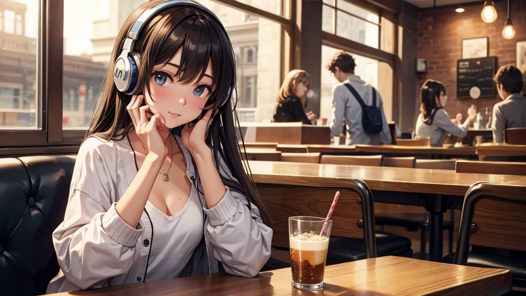 Girl with headphones enjoying music in a cafe I am studying Emphasize a little bit of the chest