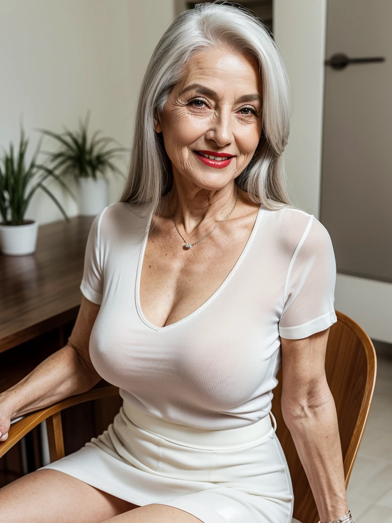 Mature old woman 80 years with hair, old face and body with many wrinkles, smiling, loose skin, standing at her sunny house, She wearing tight white shirt with deep neckline, wearing sexy black mini skirt, she wearing sexy office costume, posing sitting on a chair, old face and body with wrinkles, legs are visiable, old face, bright makeup, red lips, attractive grandma, a gorgeous old long straight hair, beautiful old grandma, lovely older mature grandma, gorgeous beautiful grandma over 80 years old, beautiful silver straight hair grandma, a beautiful old granny