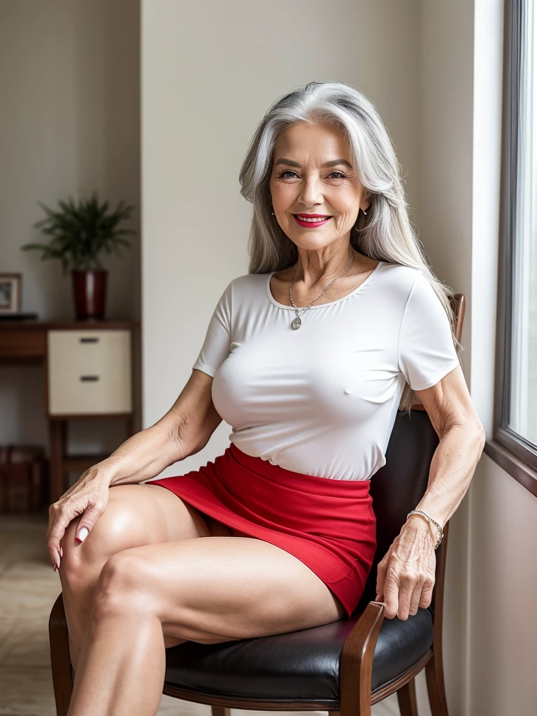 Mature old woman 80 years with hair, old face and body with many wrinkles, smiling, loose skin, standing at her sunny house, She wearing tight white shirt with deep neckline, wearing sexy black mini skirt, she wearing sexy office costume, posing sitting on a chair, old face and body with wrinkles, legs are visiable, old face, bright makeup, red lips, attractive grandma, a gorgeous old long straight hair, beautiful old grandma, lovely older mature grandma, gorgeous beautiful grandma over 80 years old, beautiful silver straight hair grandma, a beautiful old granny