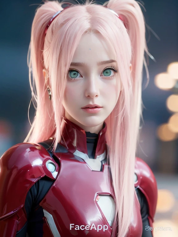 young woman, short shoulder-length pink hair, wide forehead, porcelain skin, pink eyebrows, big emerald green eyes, buttoned nose, full lips, heart-shaped face, slender body, small breasts, red tank top, Sakura Haruno , realistic, realism, details, 3d, well detailed