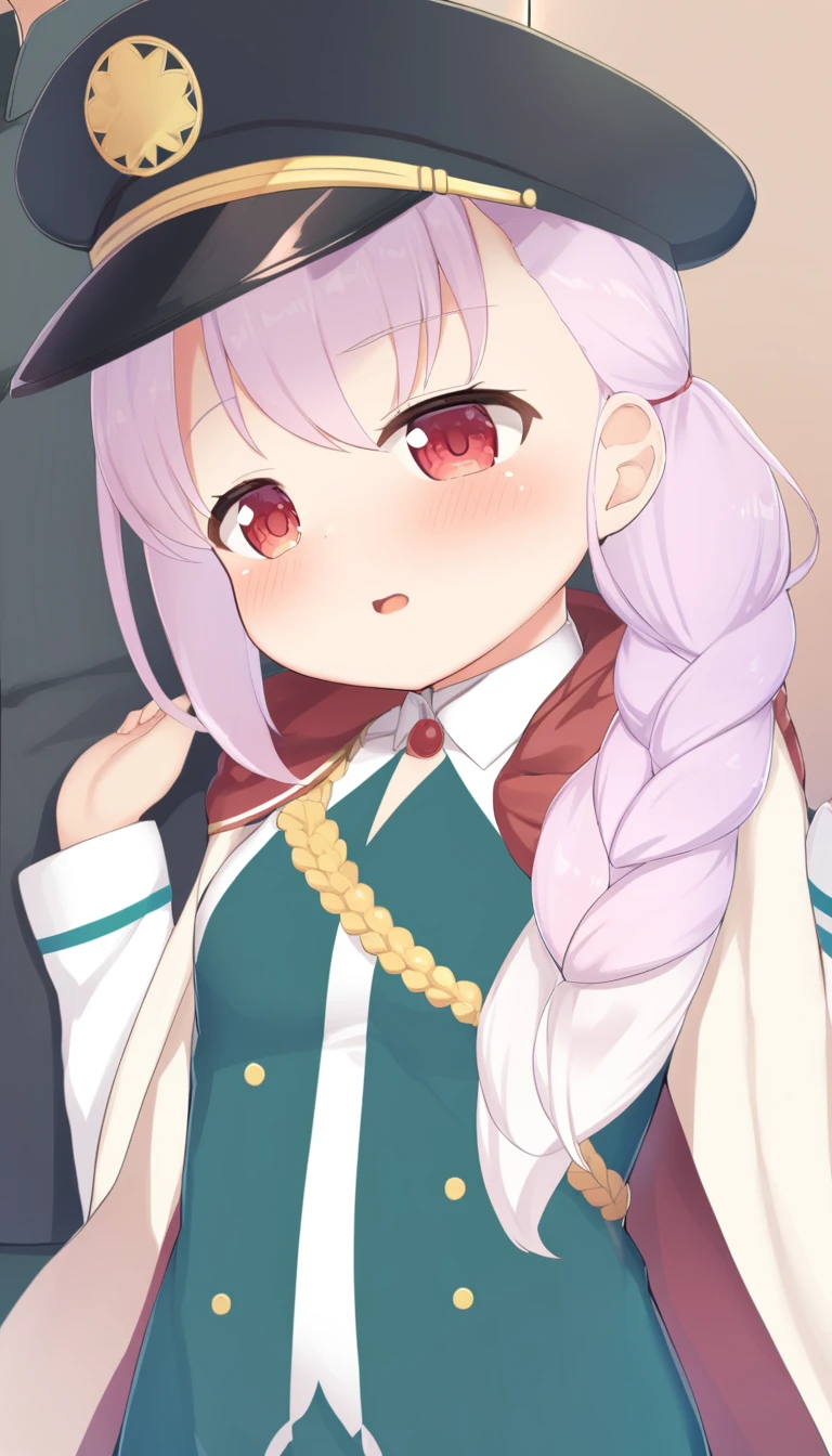 Military cap, Cape with shawl, Loli,Handsome, portrait, Upper Body,1 Girl, , Long hair, #1: Loose Bob,Long center ponytail, Silver hair, Red eyes, front, Head up and cross waist,