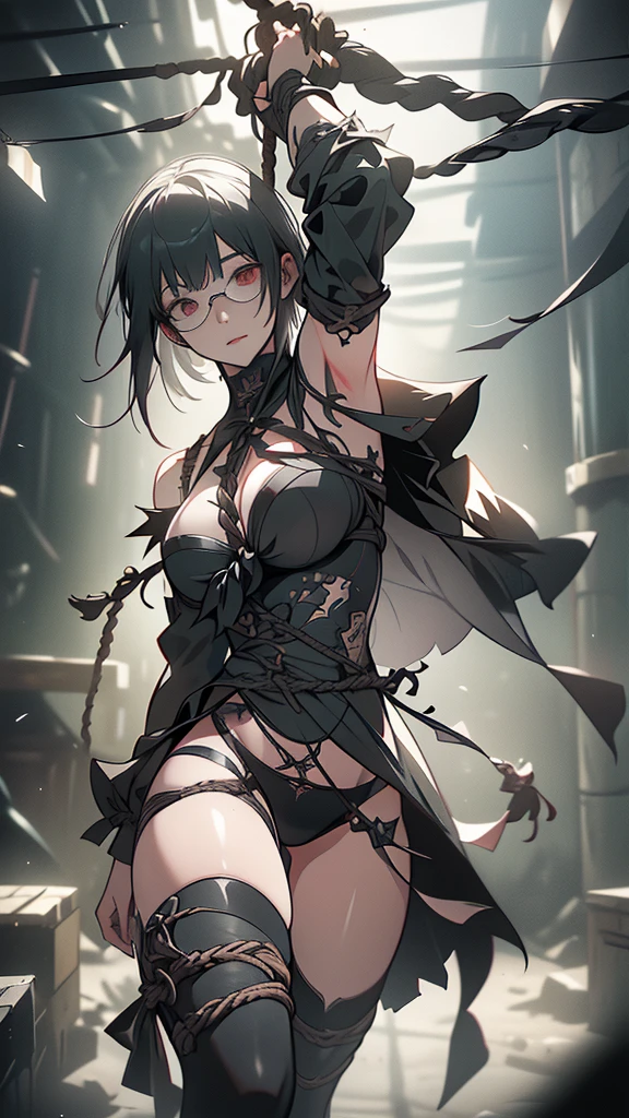 (Unreal Engine 5)), Realistic rendering, wonderful, (Full Armor Body), (cape), (pocket), looking at the camera, Beautiful Face, compensate, CGI Mix, (Photorealism:1.2), Ultra-realistic UHD face(Highest quality)((Clear images with every detail))beauty、((Tied up with rope)).Tortoiseshell binding、((((The body is tightly bound with rope))))、Tight clothing、((Rough skin that cuts into the body々New rope))(Dark Dungeon)、((Very disgusted face)) Skinny body、((There are many tattoos all over the body))(((Black sexy underwear)))Glasses、Shortcuts、((whole body muscular))Tight clothing、((torture chamber))Guillotine Room, ((Black underwear)), Torture Devices、(((a lot of scars on the body)))、(((The Hanged Woman)))(Tight clothing)((M-shaped spread legs))((A woman hanging from a high ceiling))(((Short Hair、Glasses)))((Big Ass))((Tied up with rope:1.5))