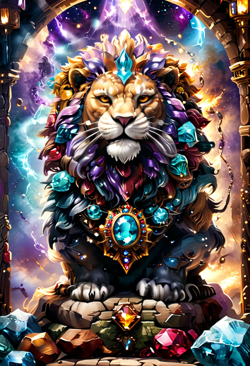 a picture of a massive epic throne, it has purple silk cushions, rubies, topaz, aquamarine gemstones artwork, the throne is epic in its majestic, power, and royalty, symmetric with many wood leonine carvings on the handle, a (roaring lion head: 1.3) carving on the top of the seat of the throne, there is and gem artwork, behind the throne there are stars and nebulas of space a sense of high royalty, nobility and magic , (masterpiece: 1.4) intense details, highly detailed, photorealistic, best quality, highres,16k, [ultra detailed], masterpiece, best quality, (extremely detailed), close up, ultra wide shot, photorealistic, RAW, fantasy art, dnd art, fantasy art, realistic art,((best quality)), ((masterpiece)), (detailed: 1.5)