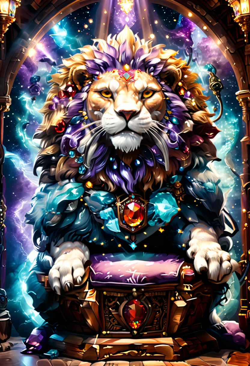 a picture of a massive epic throne, it has purple silk cushions, rubies, topaz, aquamarine gemstones artwork, the throne is epic in its majestic, power, and royalty, symmetric with many wood leonine carvings on the handle, a (roaring lion head: 1.3) carving on the top of the seat of the throne, there is and gem artwork, behind the throne there are stars and nebulas of space a sense of high royalty, nobility and magic , (masterpiece: 1.4) intense details, highly detailed, photorealistic, best quality, highres,16k, [ultra detailed], masterpiece, best quality, (extremely detailed), close up, ultra wide shot, photorealistic, RAW, fantasy art, dnd art, fantasy art, realistic art,((best quality)), ((masterpiece)), (detailed: 1.5)