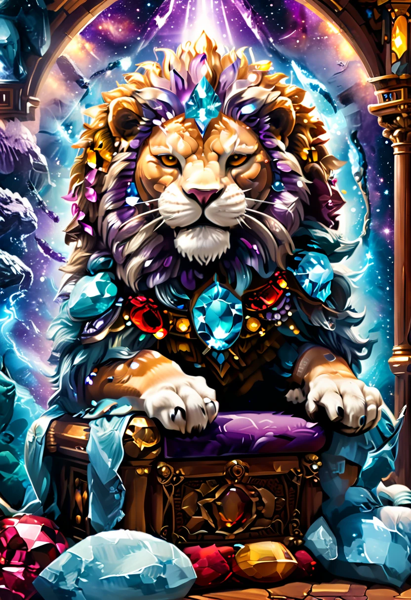 a picture of a massive epic throne, it has purple silk cushions, rubies, topaz, aquamarine gemstones artwork, the throne is epic in its majestic, power, and royalty, symmetric with many wood leonine carvings on the handle, a (roaring lion head: 1.3) carving on the top of the seat of the throne, there is and gem artwork, behind the throne there are stars and nebulas of space a sense of high royalty, nobility and magic , (masterpiece: 1.4) intense details, highly detailed, photorealistic, best quality, highres,16k, [ultra detailed], masterpiece, best quality, (extremely detailed), close up, ultra wide shot, photorealistic, RAW, fantasy art, dnd art, fantasy art, realistic art,((best quality)), ((masterpiece)), (detailed: 1.5)