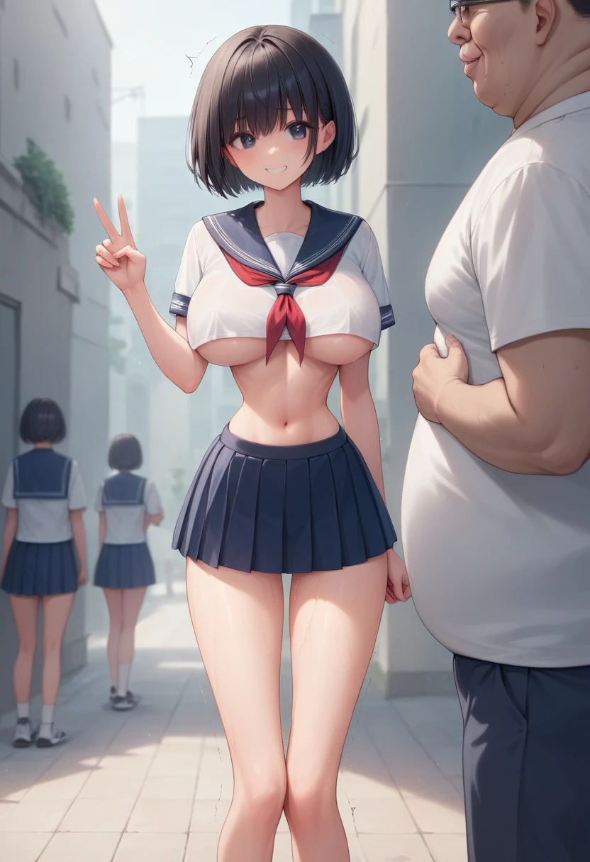 (masterpiece, best quality:1.2), front shot, beautiful 1girl, (super big breasts, micro waist, very long legs:1.3), Black hair, short bob hair, short height, scrawny and thin body, Light Skin, cute big eyes, cute beautiful thin face, forced smile, serafuku, mini skirt, pigeon-toed, (Arched back), wet and sweaty, visible ribs, Long and thin navel, V sign, Trembling, touched by ugly man