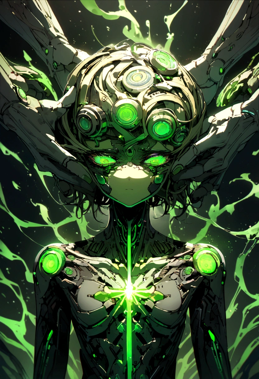 Undead skeletal zombie with open chest with a fungus inside Neon green with sprouts and roots covering the body Neon green eyes Destroyed ranger clothing Dirty arms covered by roots and legs with blisters covering his body Background of a radioactive swamp blood toxic neon green look at us facing the viewer