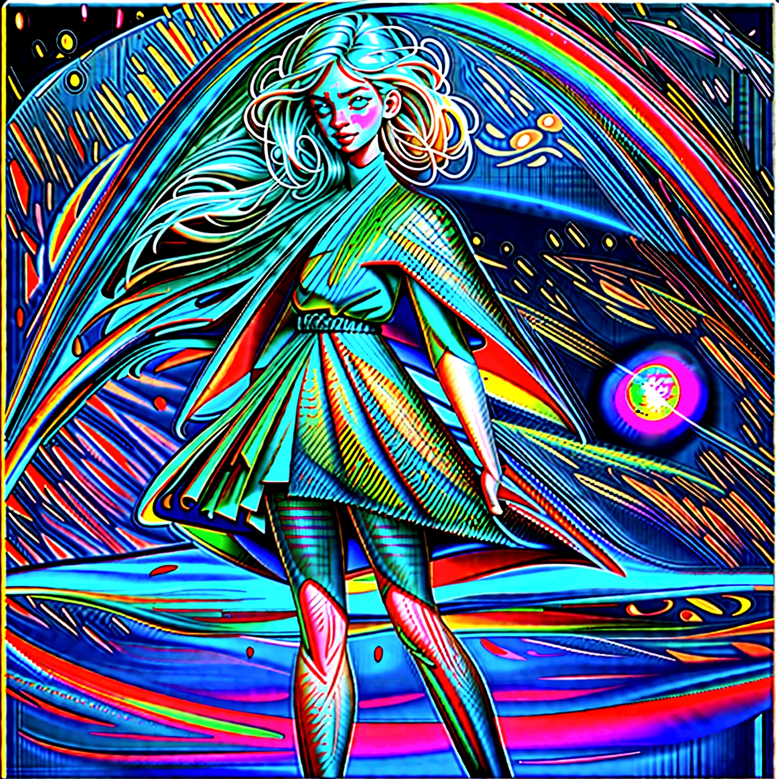 An ultra-realistic and ultra-detailed (Legendary Multicolored Psychedelic Masterpiece), ((HOLDING A GORGEOUS COLORFUL RAINBOWLUMINESCENT GALAXY IN HER HANDS)), ((full body portrait)), (Dynamic Angle), best quality, (Angled View), 1girl, She is a Gorgeous Magical Alchemist, a very noble Caucasian lady, ringed silver eyes, Calm, half closed eyes, thin body, slim waist, small breasts, (bare legs), Awesome Black Hair, a confident smile, ((HOLDING A GORGEOUS COLORFUL RAINBOWLUMINESCENT GALAXY IN HER HANDS)), Celestial Star Map, highly detailed expensive wizard's skirt, beautiful, dramatic, backlighting, night, midnight, (Multitude Of Stars), beautiful fantastic night view, (ultra-detailed, finely detailed beautiful eyes and face), high resolution, 8k UHD, perfect anatomy, perfect fingers, Highly detailed scenery, Highly detailed background, perspective, depth of field, atmospheric