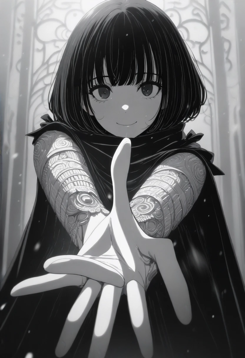 masterpiece, best quality, 1girl mamerakkkkko, grayscale, manga style, japanese, chi no wadachi, black eyes, street, iced, black hair, smile, lineart, black coat, black scarf, black pants, centered, 18 years old, tall, fair skinned, bokeh background, bob cut, light particles, centered, snowing, (((reaching out left hand to viewer, perfect hand, detailed hand:1.1)), emotional anime scene, (very aesthetic, best quality, ultra detailed), intricate details
