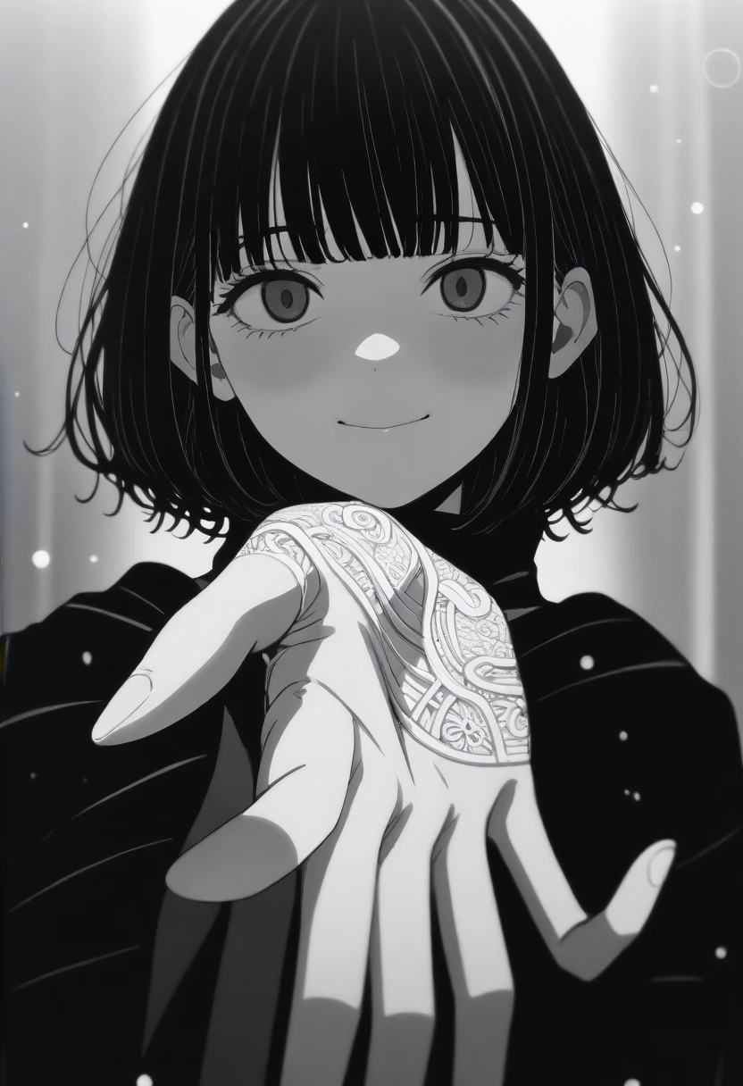 masterpiece, best quality, 1girl mamerakkkkko, grayscale, manga style, japanese, chi no wadachi, black eyes, street, iced, black hair, smile, lineart, black coat, black scarf, black pants, centered, 18 years old, tall, fair skinned, bokeh background, bob cut, light particles, centered, snowing, (((reaching out left hand to viewer, perfect hand, detailed hand:1.1)), emotional anime scene, (very aesthetic, best quality, ultra detailed), intricate details