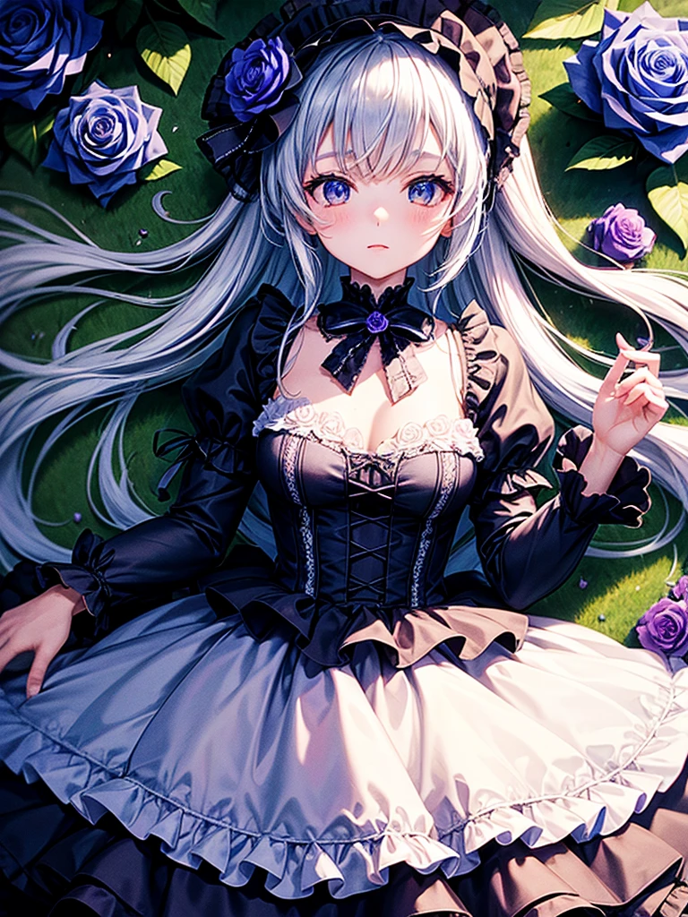 Highest quality,Highest Resolution,A girl in a dress surrounded by roses,Gothic ta,Blue roses are blooming,Purple roses are blooming,