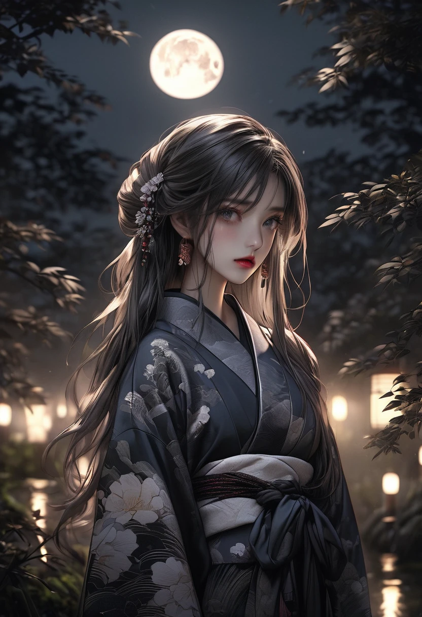 beautiful detailed eyes, beautiful detailed lips, extremely detailed eyes and face, longeyelashes, 1girl, traditional japanese clothing, kimono, night, moonlight, moon, sad expression, melancholic, moody, atmospheric, woodblock print, muted colors, dark tones, cinematic lighting, dramatic lighting, chiaroscuro, (best quality,4k,8k,highres,masterpiece:1.2),ultra-detailed